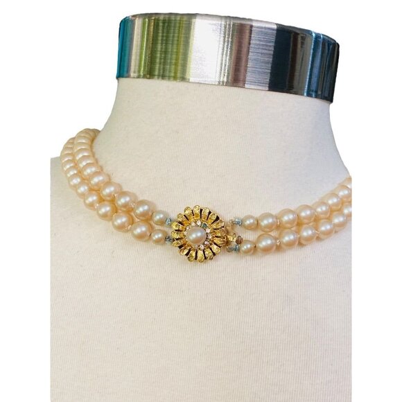 Double Strand Hand Knotted Vintage 7.7 mm Faux Pearl Dual Strand Necklace Daisy - Picture 1 of 16